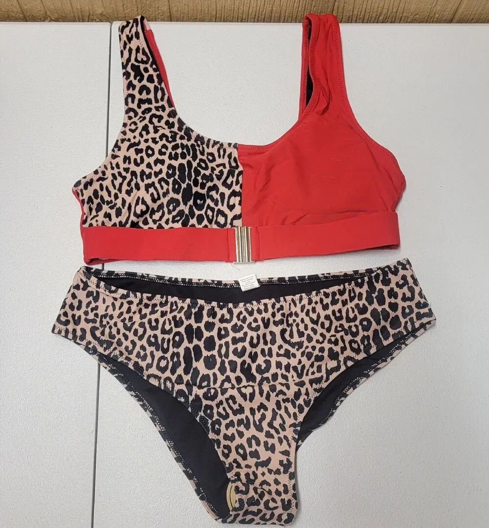 2 Piece Leopard Print & Red Bikini sz Lg NWOT Sports Bra Fit